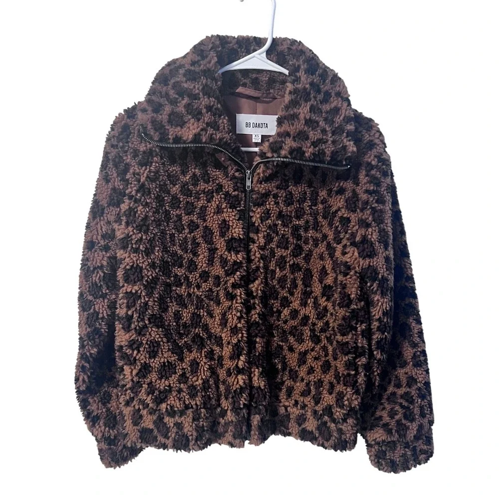 BB Dakota Leopard Print Faux‎ Fur Cozy Zip Up Jacket XS
